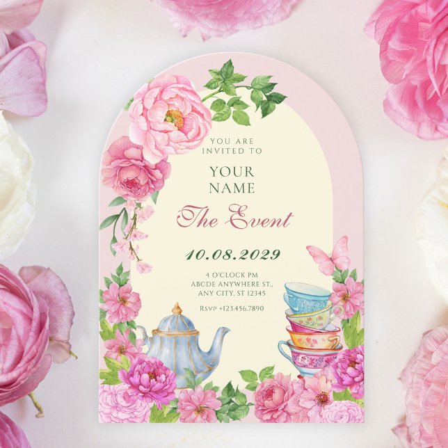 Invitation théière aux fleurs roses jardin  (Créateur téléchargé)