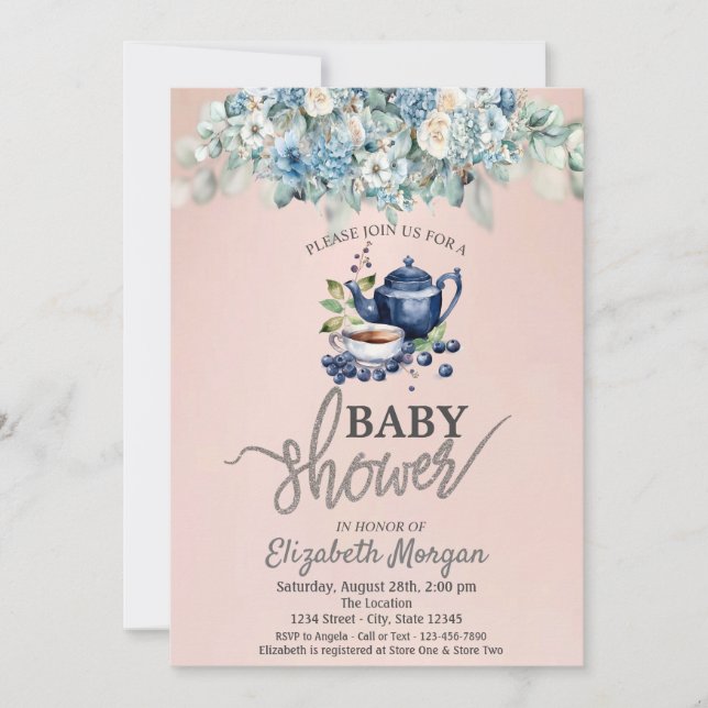 Invitation Théière  Baby Shower Floral Myrtille (Devant)