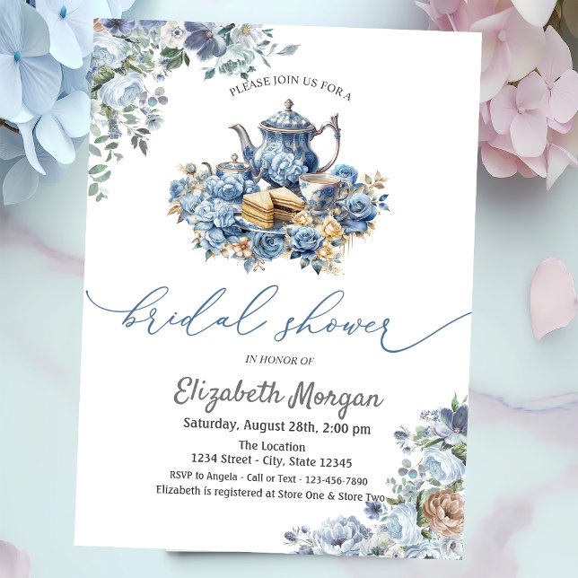 Invitation Théière Bleue Aquarelle Fête Bébé Florale  (Créateur téléchargé)