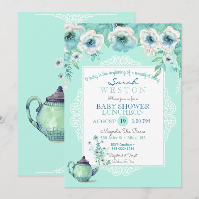 Invitation Théière de thé à la menthe Aquarelle Fleurs (Devant / Derrière)