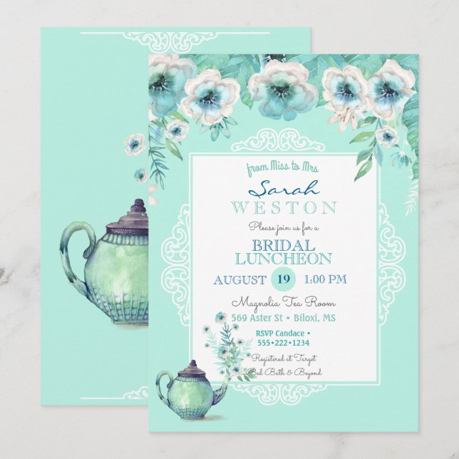 Invitation Théière de thé à la menthe Aquarelle Fleurs (Devant / Derrière)