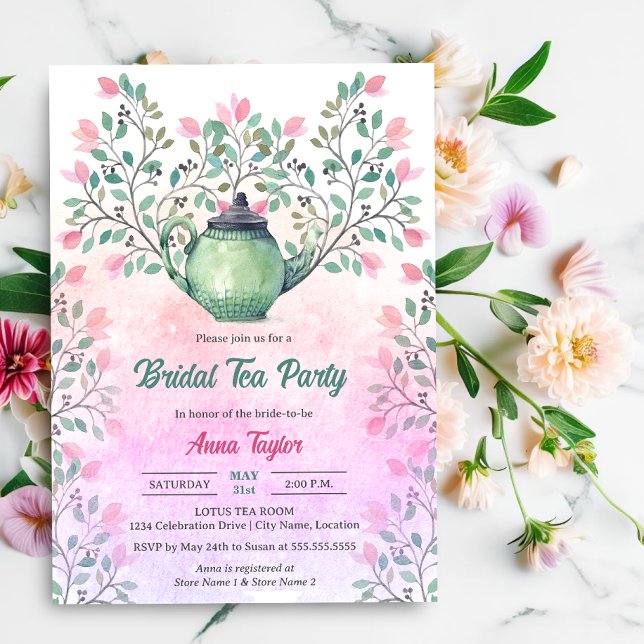 Invitation Théière élégante pour thé floral (Elegant tea party invite with  teapot and floral design elements front view.)