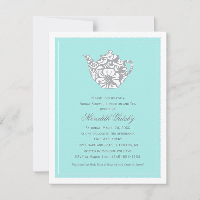 Invitation Théière en Damas Aqua Fête de Mariage et Shower (Devant)