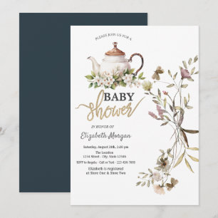 Invitation Théière Fleur Sauvage Aquarelle Baby Shower