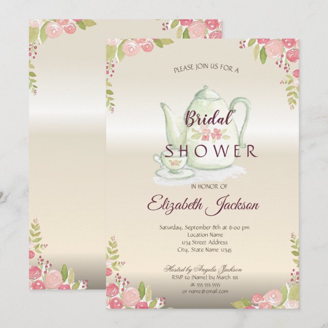 Invitation Théière Fleurs Élégantes pour Réception de Mariage (Devant / Derrière)