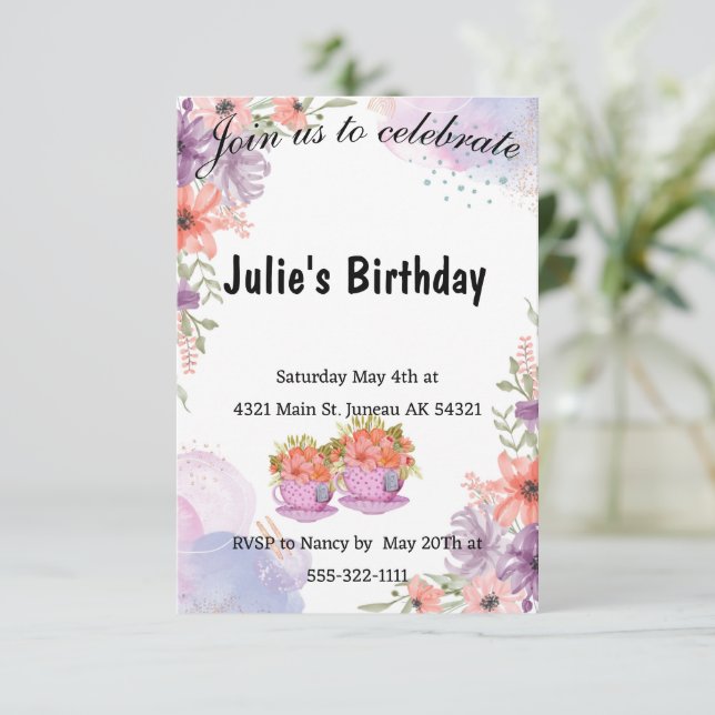 Invitation Théière florale anniversaire lavande  (Debout devant)