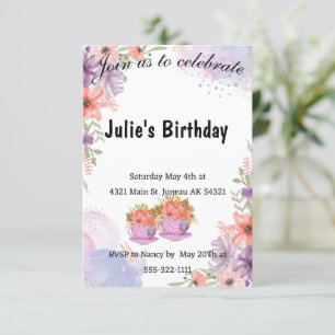 Invitation Théière florale anniversaire lavande 