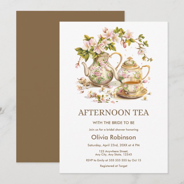 Invitation Théière Florale Après-midi Thé Mariage  (Devant / Derrière)