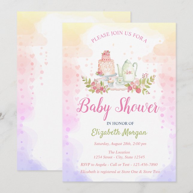 Invitation Théière florale pour bébé fille Baby Shower (Devant / Derrière)