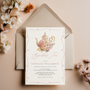 Invitation Théière Florale Vintage Rose Poudré pour Tea Party