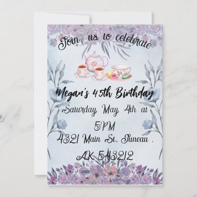 Invitation Théière lavande fleurs anniversaire  (Devant)