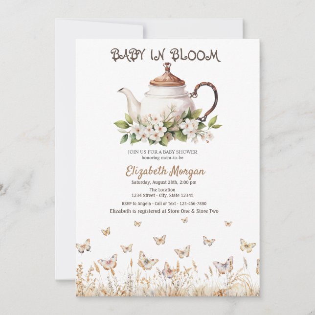 Invitation Théière Papillons de Prairie Baby Shower (Devant)