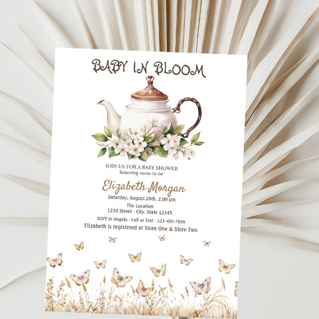 Invitation Théière Papillons de Prairie Baby Shower (Créateur téléchargé)