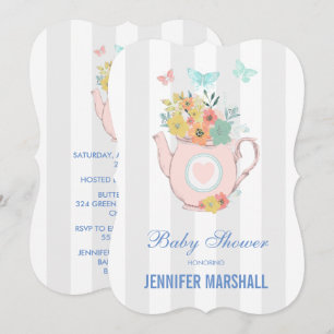 Invitation Théière rose avec fleurs et papillons Baby Shower