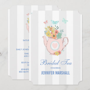 Invitation Théière rose avec fleurs et papillons Thé de maria