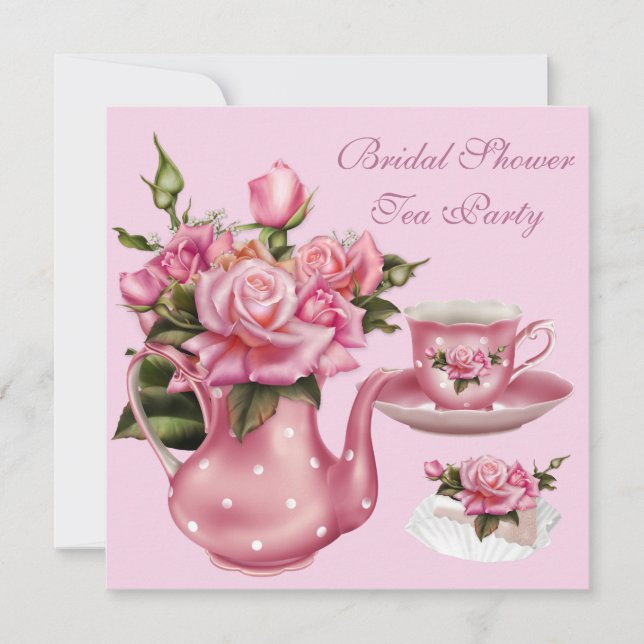 Invitation Théière Rose Rose Fête de Mariage 5 (Devant)