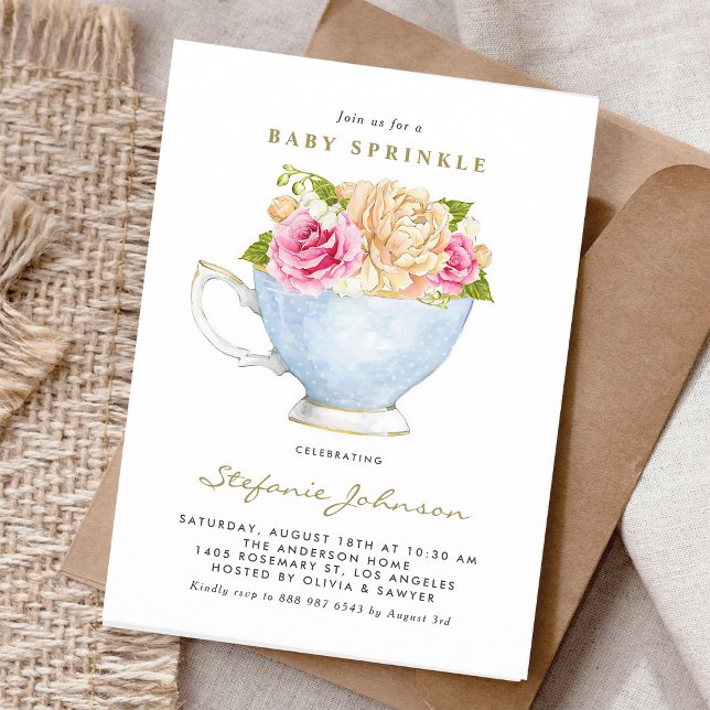 Invitation Théière Roses Aquarelle Baby Sprinkle (Créateur téléchargé)
