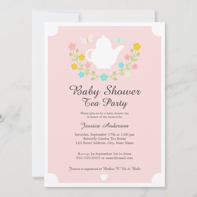 Invitation Théière Sucrée Fleur Rose Baby Shower (Devant)