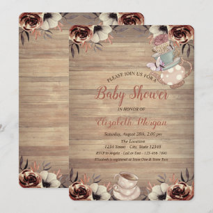 Invitation Théière Tasse à thé Fleurs Bois Baby Shower