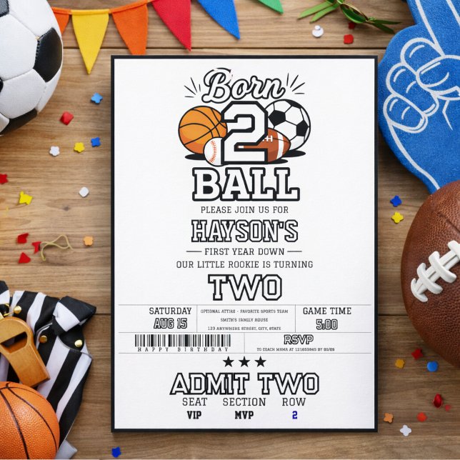 Invitation Thème 2 sports de balle pour garçon Fête d'anniver (Born 2 Ball Sports Themed Boy 2nd Birthday Party Invitation
)