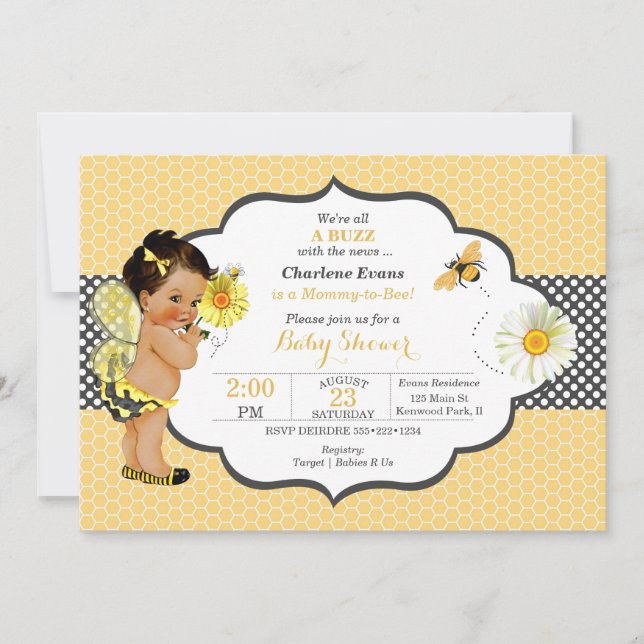Invitation Thème abeille jaune point doré bébé fille  (Devant)