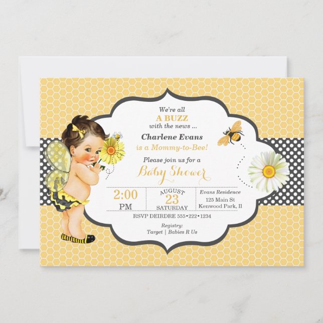 Invitation Thème abeille jaune point doré bébé fille  (Devant)