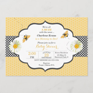 Invitation Thème abeille nid d'abeille or et gris pois