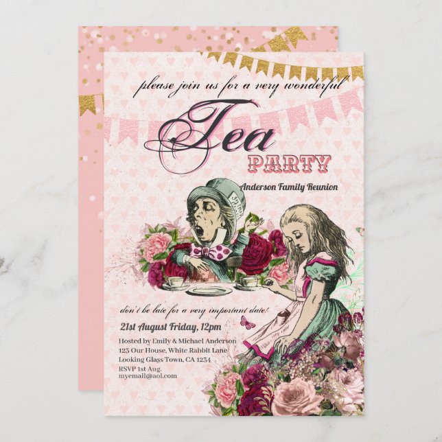 Invitation Thème Alice au Pays des Merveilles Fête de Thé sur (Devant / Derrière)