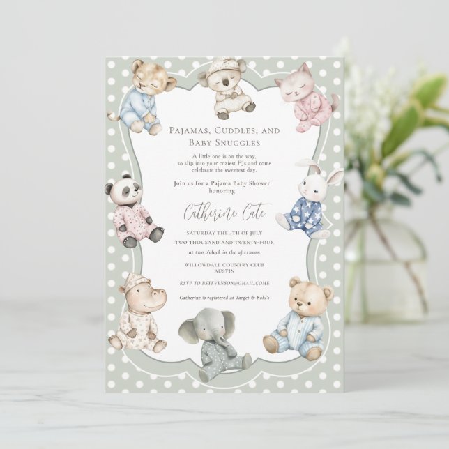 Invitation Thème animal de fête en pyjama vert bébé  (Debout devant)