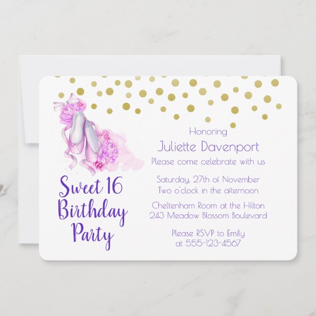 Invitation Thème Anniversaire Ballet Aquarelle Rose Élégant (Devant)