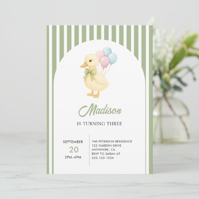 Invitation Thème Anniversaire Enfant Canard Mignon Rayures Pr (Debout devant)
