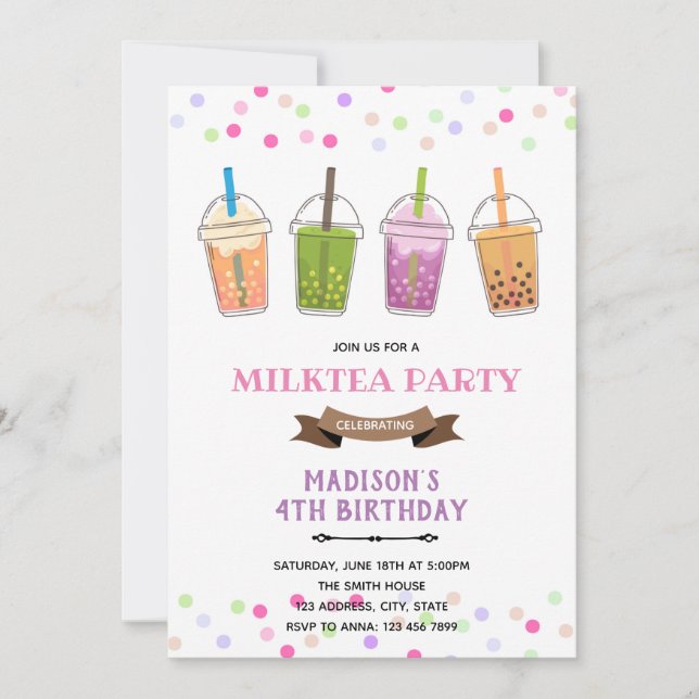 Invitation Thème anniversaire fille thé au lait bubble boba (Devant)