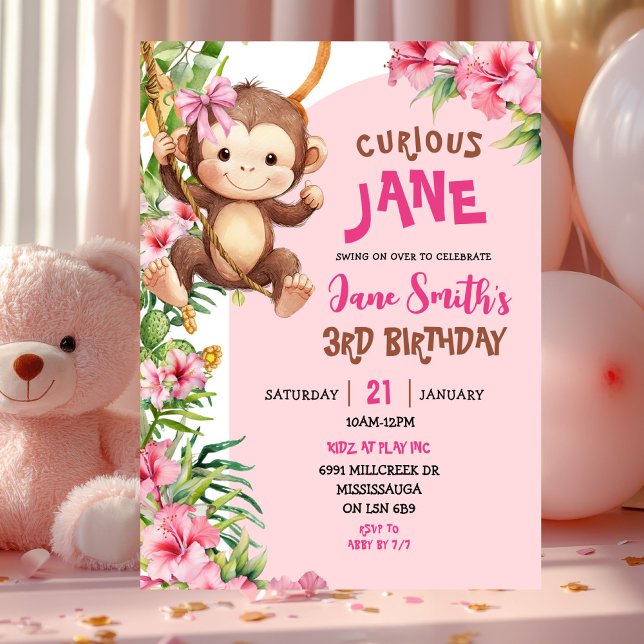 Invitation Thème Anniversaire Singe Curieux Rose Safari (Créateur téléchargé)