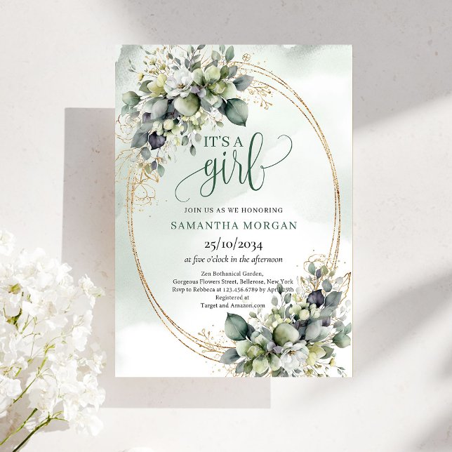 Invitation Thème Aquarelle Botanique C'est une fil (Botanical Watercolor Theme It’s A Girl Invitation)