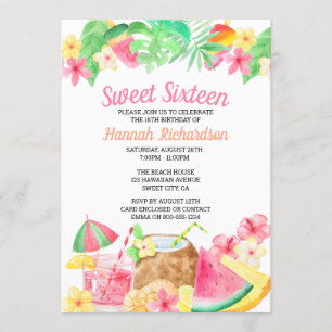 Invitation Thème aquarelle Hawaïen Fête Luau 16 ans douce