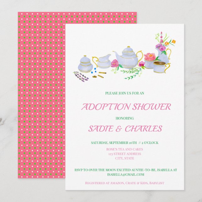Invitation Thème aquarelle thé Adoption Baby Shower (Devant / Derrière)