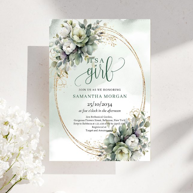 Invitation thème aquarelle vert poussiéreux C'est  (Watercolor Dusty Green Theme It’s A Girl Invitation)