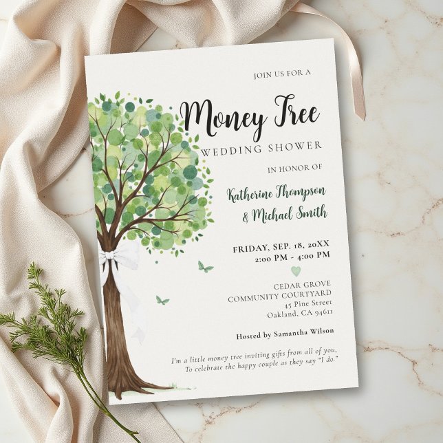 Invitation Thème Arbre à Argent Mariage Élégant et Chic Coupl (money tree wedding couple shower classy modern elegant watercolor bow butterflies)