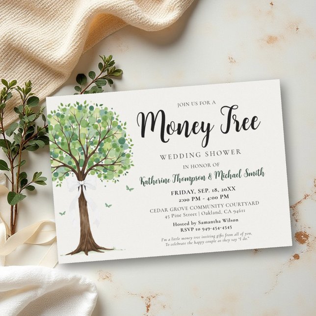 Invitation Thème Arbre à Argent Rassemblement Couple Enterrem (money tree wedding couple shower classy modern elegant bow watercolor)