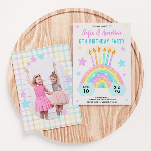 Invitation Thème Arc-en-ciel de l'anniversaire conjoint de la (Girl's Joint Birthday Rainbow Theme With Photo Invitation)