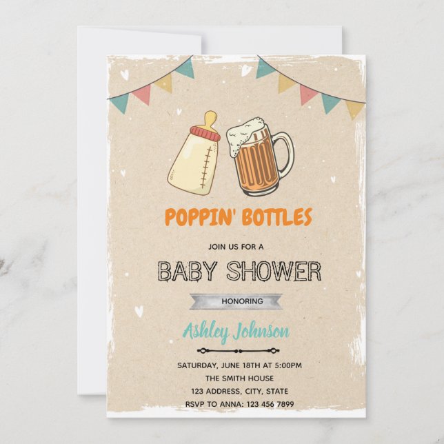 Invitation thème baby shower bouteilles qui sauten (Devant)