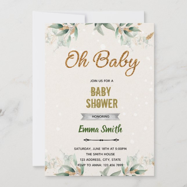 Invitation thème baby shower feuille de verdure (Devant)
