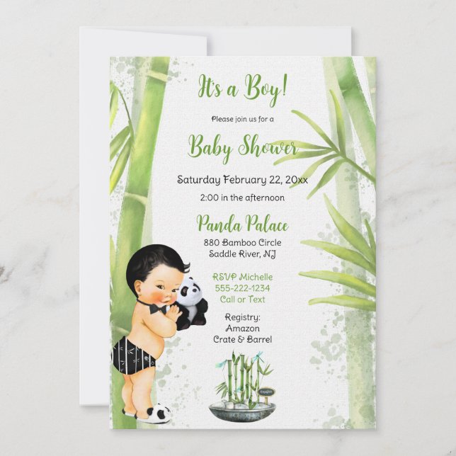 Invitation Thème bébé garçon panda bambou noir blanc vert (Devant)