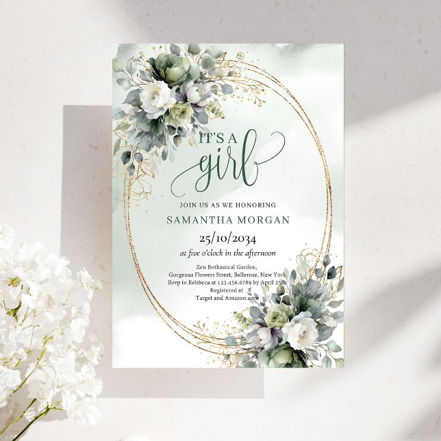 Invitation Thème botanique vert poussiéreux C'est une fille I (Dusty Green Botanical Theme It’s A Girl Invitation)