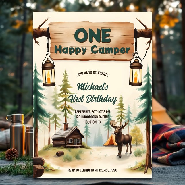 Invitation Thème Camping Un Joyeux Camper 1er Anniversaire (One Happy Camper 1st Birthday Invitation – Rustic Woodland Camping Theme for Boy)