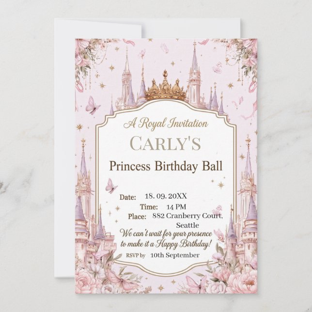 Invitation Thème Château de Princesse Bal d'Anniversaire Roya (Devant)