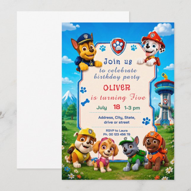 Invitation thème chien pour garçon. Fête pour enfa (Devant / Derrière)