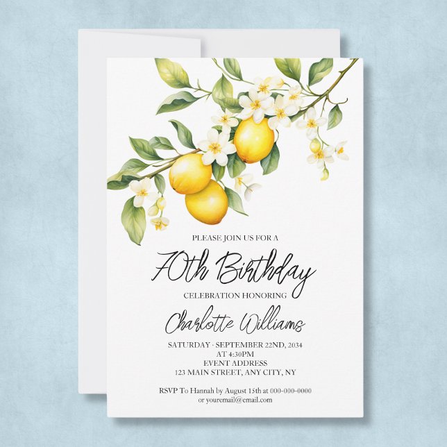 Invitation Thème Citron Aquarelle 70e anniversaire fête (Lemon Theme Watercolor 70th Birthday Party Invitation
)