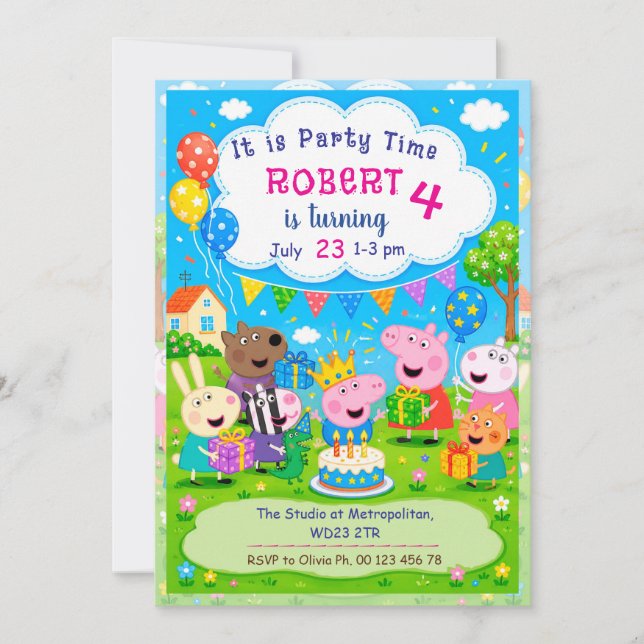 Invitation thème cochon de dessin animé. Fête d'en (Devant)