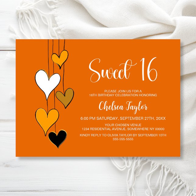 Invitation Thème Cœur Orange Anniversaire 16 Ans Douce (Créateur téléchargé)